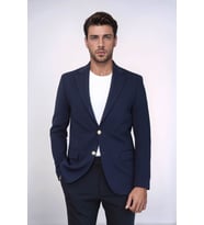 Lacivert Kendinden Desenli Örme Altın Renk Metal Düğmeli Slim Fit Erkek Blazer Ceket - Wessi