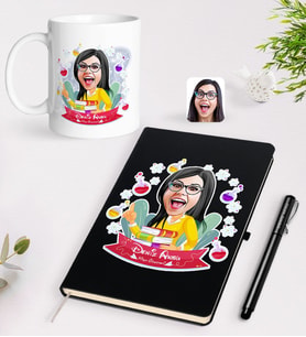 BK Gift Kişiye Özel Kadın Kimya Öğretmeni Karikatürlü Siyah Defter Kalem Kupa Seti - 1
