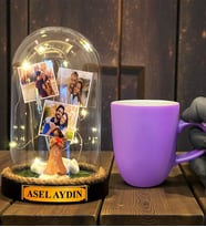 Kişiye Özel Tasarım Led Işıklı Fanus ve Mor Kupa Bardak Hediye Seti (Model 9)