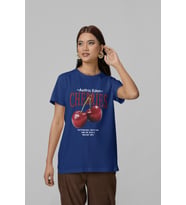 Unisex Erkek/Kadın CHERRIES Özel Baskılı Oversize Pamuklu Bisiklet Yaka T-Shirt (Lacivert)