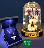 Işıklı Kutuda 925 Ayar Zümrüdü Anka Kuşu Kolye ve Size Özel Led Işıklı Fanus - Premium Set (Model 1)