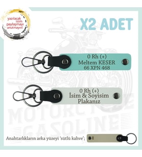Motor Severlere, İsim Plaka ve 0 Rh (+) Yazılı Özel Tasarım x2 Anahtarlık, Hediye , Beyaz-Turkuaz-SK (Çok Renkli)