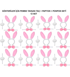 Mey İthalat® Pembe Tavşan Kostüm Seti – Taç, Papyon, Ponpon (12’li Paket)