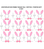 Mey İthalat® Pembe Tavşan Kostüm Seti – Taç, Papyon, Ponpon (12’li Paket)