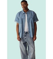 Erkek Denim Gömlek Pamuk Kısa Kollu Günlük Casual Basic Kalıp Hafta Sonu Dayanıklı Malzeme (Mavi)