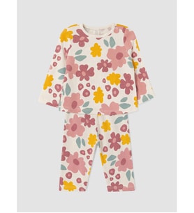 LCW ECO Ekru Çiçekli Kız Bebek Pijama Takım