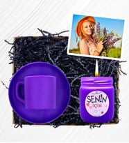 Renkli  100ml Türk Kahvesi Fincanı, Kokulu Cam Mum ve Fotoğraflı Hediye Seti (Mor)