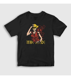 Presmono Unisex Çocuk Siyah Monkey Luffy Anime One Piece T-Shirt 136299tt