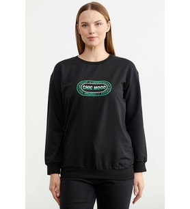 Baskılı Oversize Basic Sweatshirt - Siyah