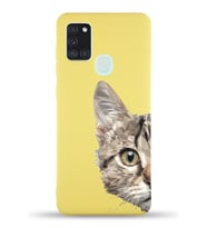 Samsung Galaxy A21s Uyumlu Lansman Kılıf Catface Tasarımlı İçi Kadife Kapak-Sarı (Şeffaf)