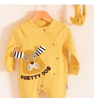 3-18 Ay Kız Bebek Tulumu Pretty Dog Nakış Bandanalı Sarı