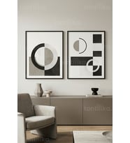 Modern Geometrik Soyut Sanat Kompozisyonları 2’li Ahşap Çerçeveli Tablo Seti