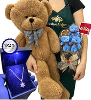 Kişiye Özel Fotoğraflı VIP Set - 925 Ayar Işıklı Kutuda Gümüş Kolye & Kahve Ayıcık & 3'lü Ayıcık Buketi (Model 2)
