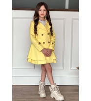 Kız Çocuk Çiçek Desenli Piliseli Limon Sarısı Trençkotlu Elbise