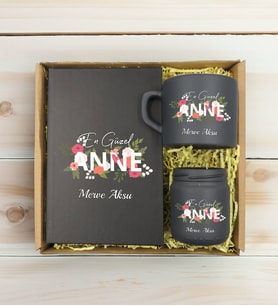 BK Gift Kişiye Özel İsimli DTF Anne Temalı Antrasit Defter & Kahve Fincanı & Mum Hediye Seti-1, Anneye Hediye, Anneler Günü Hediyesi