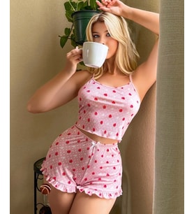 Lily Bianca Pembe Çilek ve Çiçek Desenli %100 Pamuk İnce Askılı Büstiyer Şort Takım