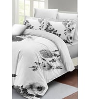 Çift Kişilik ( Lastikli Çarşaflı ) %100 Pamuk Saten Nevresim Takımı Black White Flower