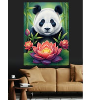 Lotus Çiçeği Oturan Panda Dekoratif Kanvas - Mdf Ahşap Tablo