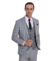 Ekose Ceketli Desenli Slim Fit Gri Erkek Takım Elbise - Wessi