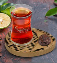 BK Gift Kişiye Özel Modern Art Tasarımlı Doğal Ahşap Tabaklı Heybeli Çay Bardağı Sunum Seti Model 17