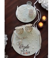 Beloved Gümüş Beyaz İncili Söz Tepsisi Nişan Tepsisi ve Damat Kahve Fincan Tepsi 1 (Beyaz)