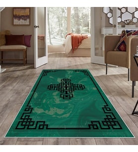 Yeşil Kenar işlemeli Yıkanabilir Kaymaz Taban Leke Tutmaz Modern Salon Halısı ve Yolluk (Siyah)