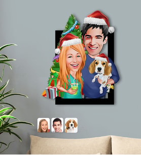 BK Gift Kişiye Özel Evcil Dost Aile Yılbaşı Karikatürlü 3D Ahşap Tablo-1