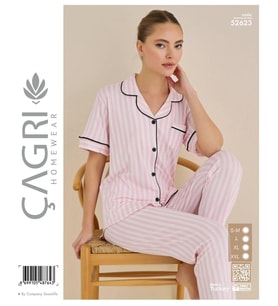 Çağrı Kadın %100 Pamuk Viskon Kısa Kollu Önü Düğmeli Pijama Takımı (Pembe)