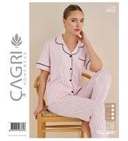 Çağrı Kadın %100 Pamuk Viskon Kısa Kollu Önü Düğmeli Pijama Takımı (Pembe)