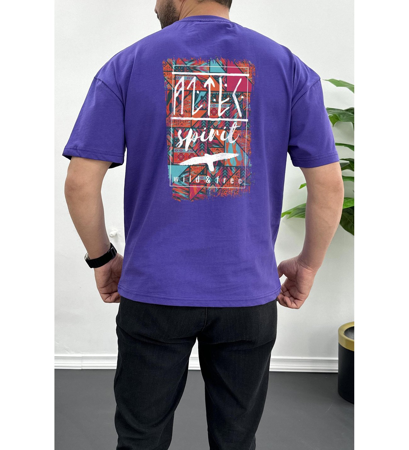 Erkek Oversize %100 Pamuk Spirit Sırt Baskılı T-shirt Mor Edw093
