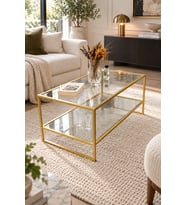 Şeffaf Camlı Gold Orta Sehpa Çift Raflı Modern Tasarım 90*50*46 cm