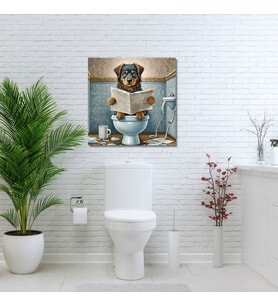 Tekli Kare Kanvas Banyo Tablosu Gazete Okuyan Rottweiler