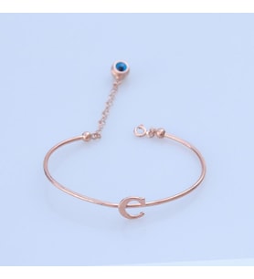 Rose Gold Kaplama Nazar Boncuklu C Harfi Gümüş Bileklik