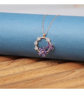 Gümüş Rose Mor Çiçek KadIn Kolye