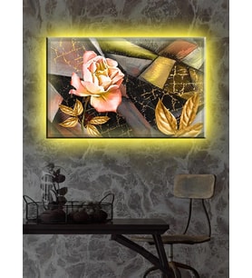 Led Işıklı Gold Çiçek Dekoratif Tablo