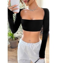 Kadın Siyah Uzun Kol Göğüs ve Sırt Dekolteli Crop Top Bluz