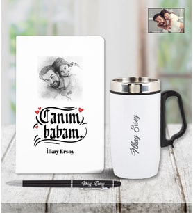Kişiye Özel Babalar Günü Temalı Karakalem Defter & Kalem & Çelik Termos Seti