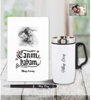 Kişiye Özel Babalar Günü Temalı Karakalem Defter & Kalem & Çelik Termos Seti