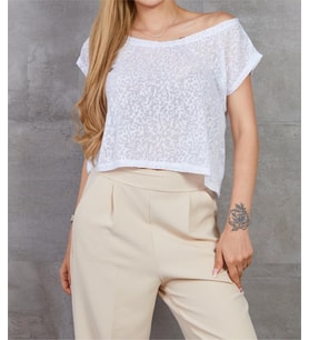 Beyaz Kendinden Desenli Salaş Crop T-shirt