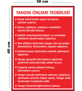 Metal Yangın Önleme Tedbirleri 30 cm x 40 cm A3 Büyüklüğünde Uyarı Levhası Yönlendirme Tabelası