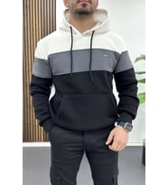 Erkek Slim Fit Renk Bloklu Kapüşonlu Sweatshirt Beyaz Edw438