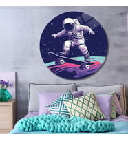 Yuvarlak Temperli Gerçek Cam Tablo Uzayda Astronot ve Kaykay