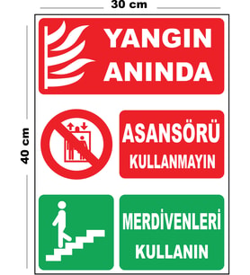 Metal Yangın Anında Asansörü Kullanmayın Merdiven 30cm x 40cm A3 Büyüklüğünde Uyarı Levhası Yönlen