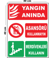 Metal Yangın Anında Asansörü Kullanmayın Merdiven 30cm x 40cm A3 Büyüklüğünde Uyarı Levhası Yönlen