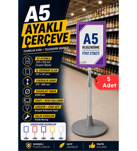 5 Adet - A5 Ayaklı Menü ve Fiyat Bilgi Standı Yuvarlak Tabanlı Teleskopik Çerçeve Etiketlik Mor