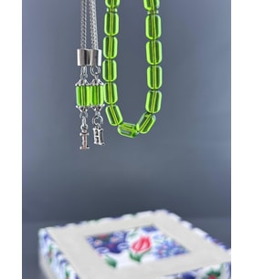 Yeşil Ateş Kehribar Tesbih Özel Kutulu ,Kişiye Özel Harf Püskül,Usta işi gümüş (Mavi-Yeşil-Siyah-Beyaz)