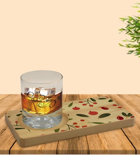 BK Gift Kişiye Özel Meyve Tasarımlı Doğal Ahşap Tabaklı Viski Bardağı Sunum Seti Model 1