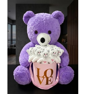 Sevgiliye Anneye Kadınlara Hediye 55 cm Mor Peluş Ayı ve 15'li Ayıcıklı Pembe Love Kutusu