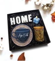 Kişiye Özel Mavi Fincan & Home Biblo & Bambu Kapaklı Kavanozda Ihlamur & Bubble Mum Hediye Seti