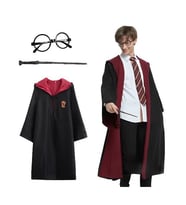 Harry Potter Gryffindor Kapişonlu Çocuk Kostüm + Asa + Gözlük Seti 11-12 Yaş